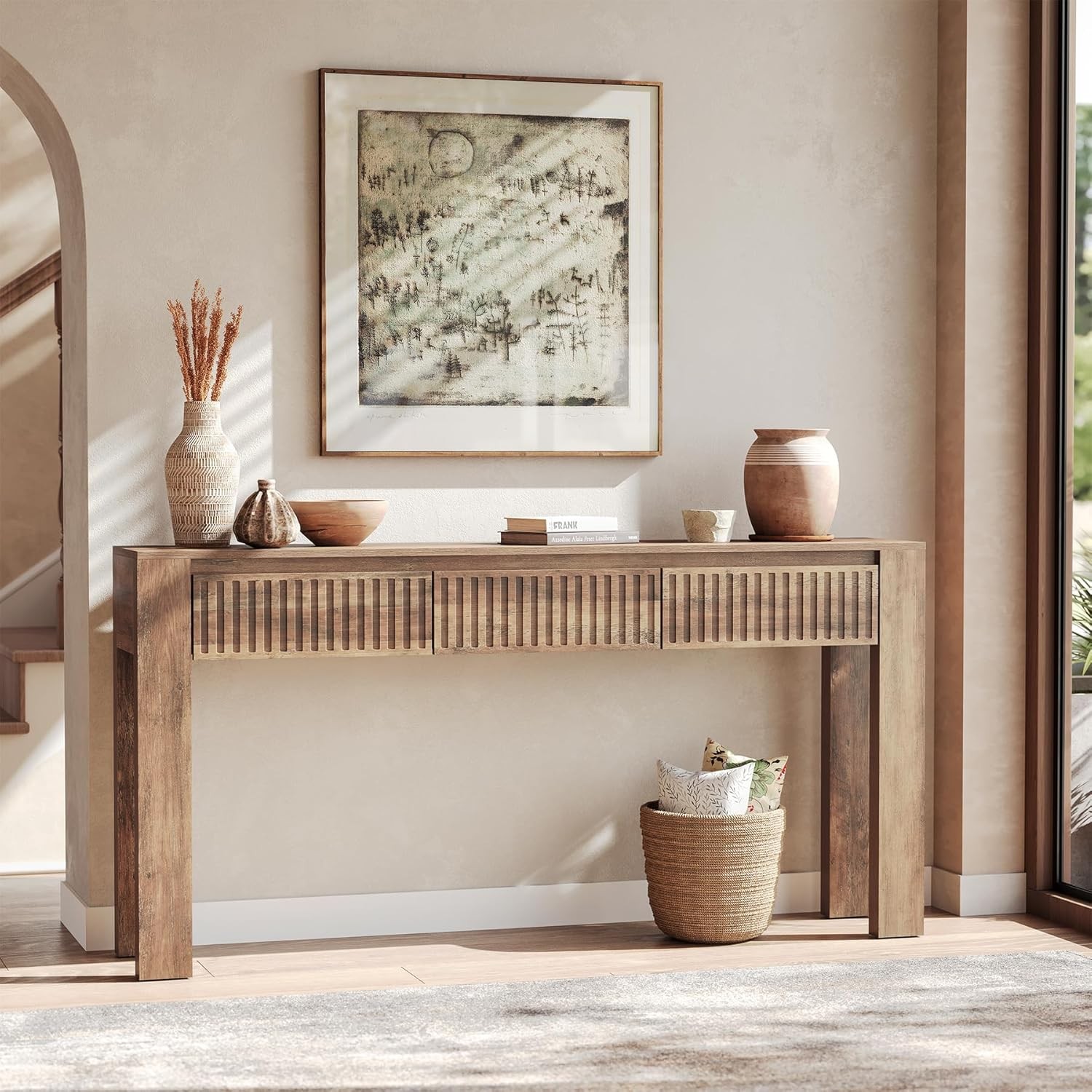 63 Inch Console Table with 3 Drawers Farmhouse Wooden Entryway Table for Hallway