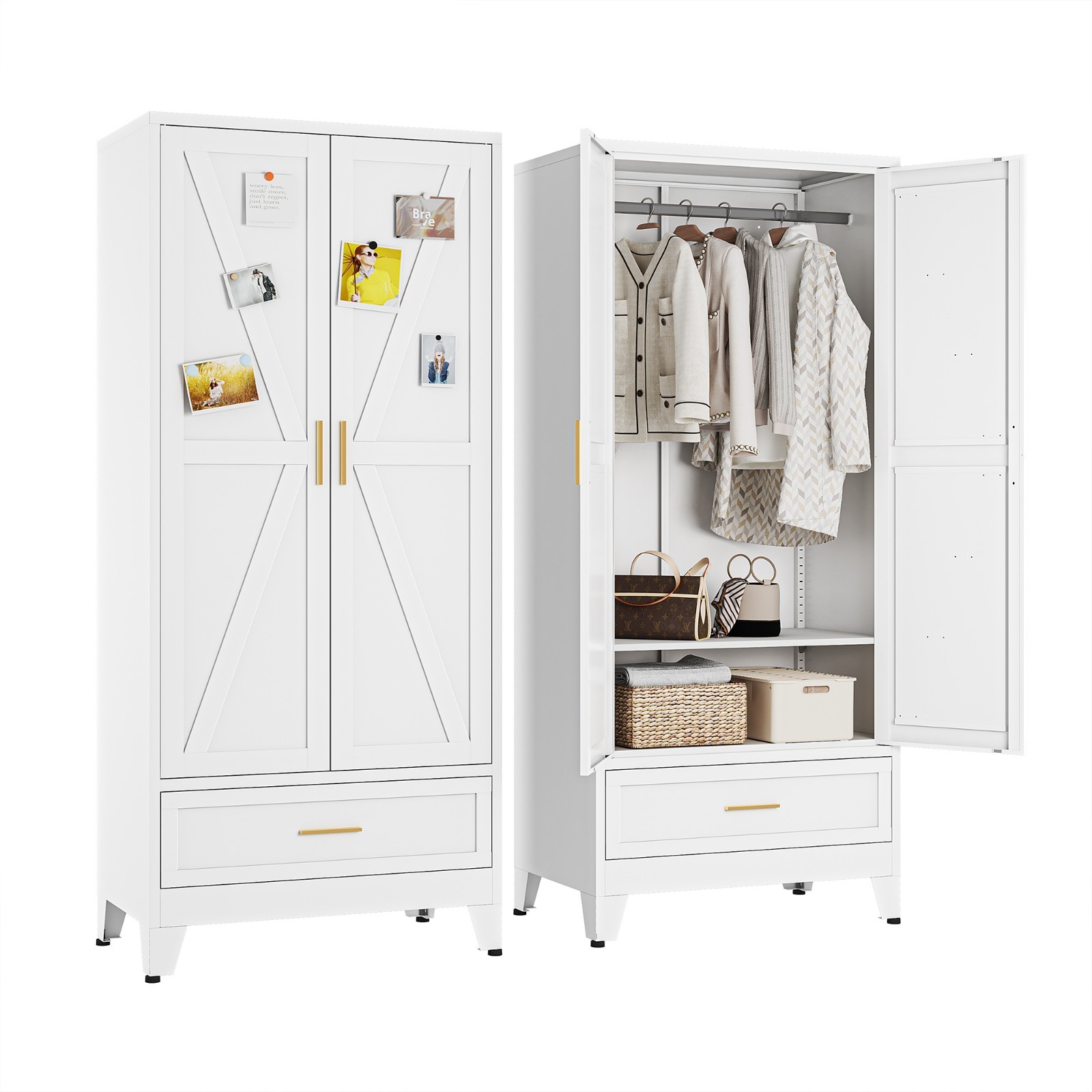 Metal armoire Wardrobe Closet with Hanging Rod,71” Metal Wardrobe Cabinet