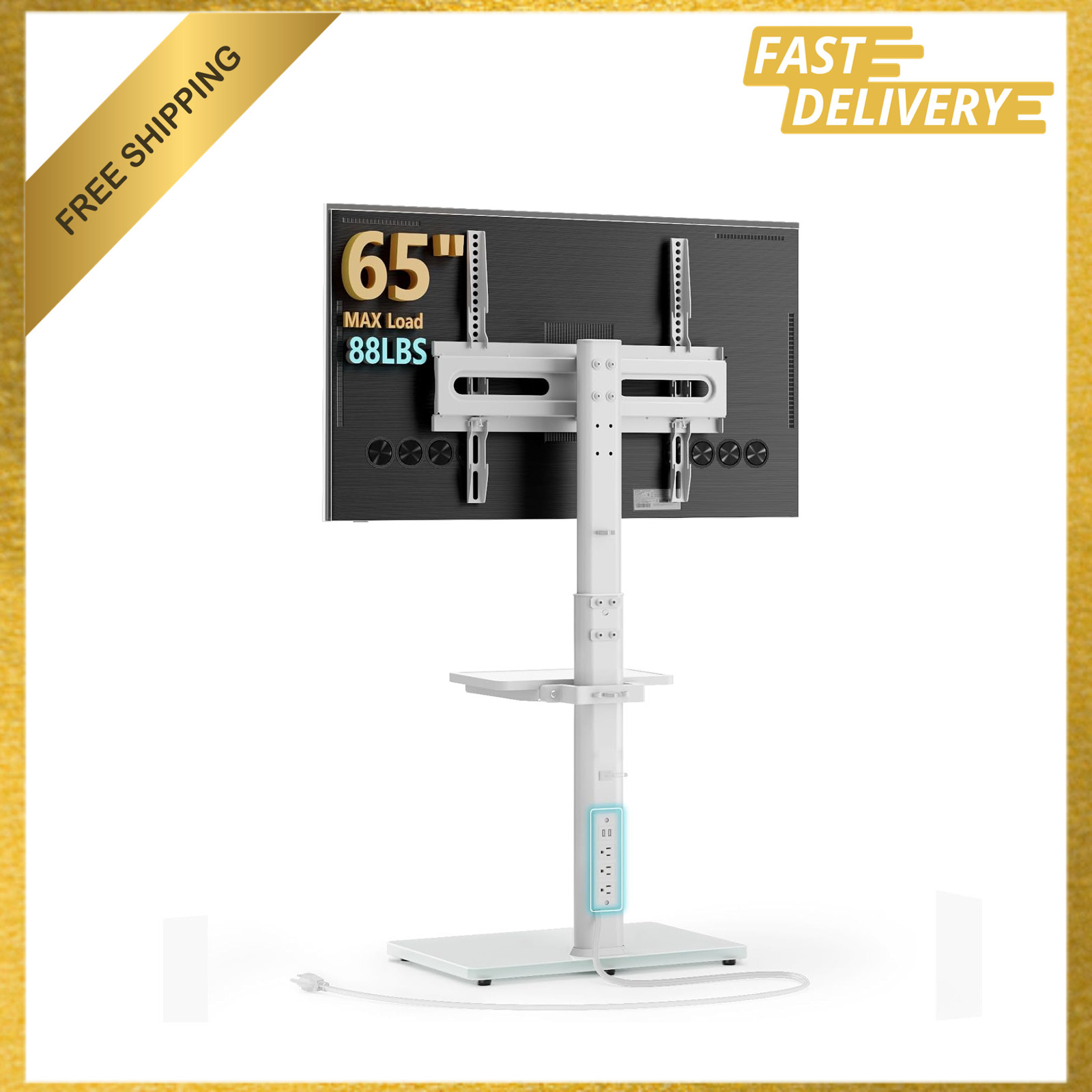 Floor TV Stand with Power Outlet Shelf for 27 65 Inch TVs Up to 88lbs Swivel