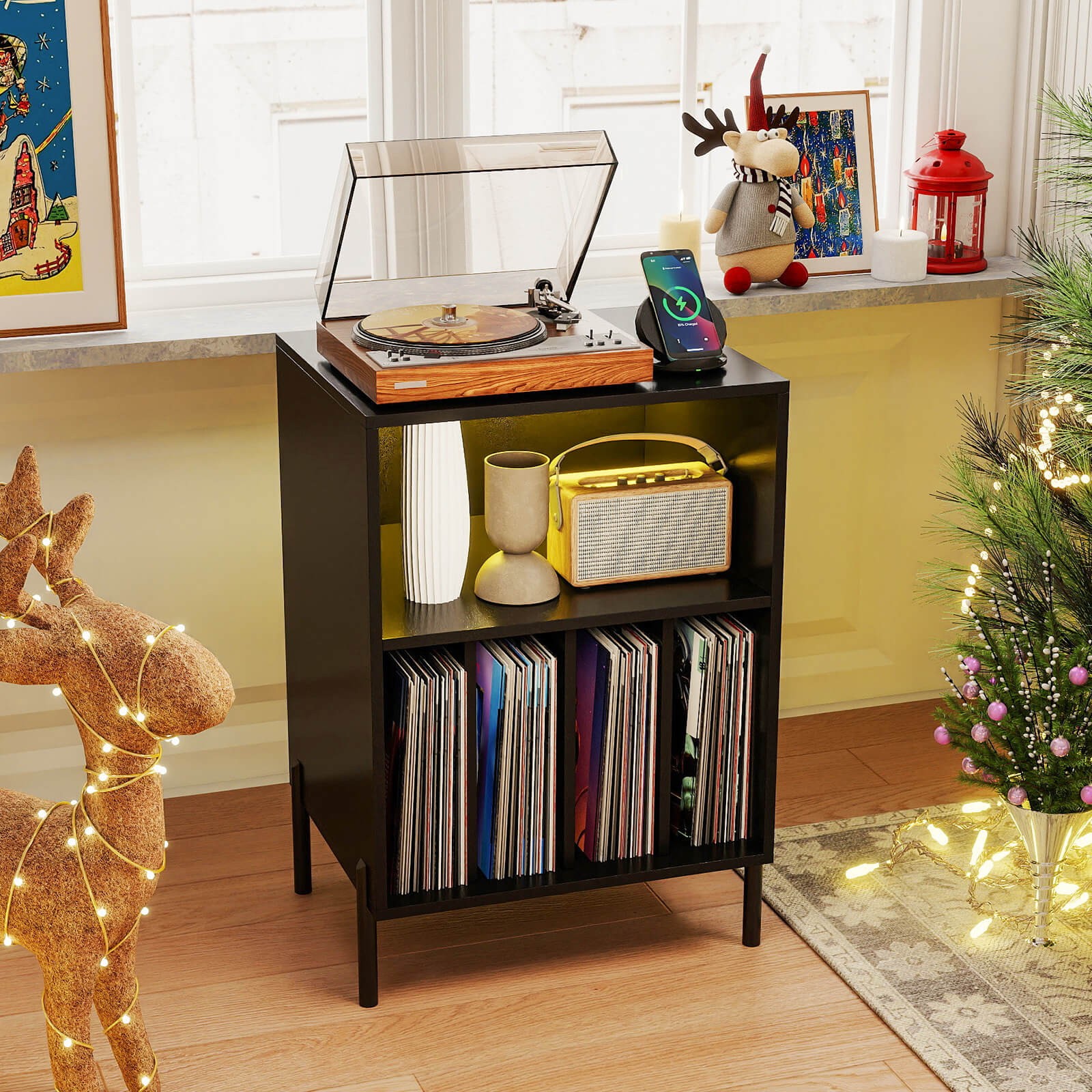 Record Player Stand Turntable Stand w/ Vinyl Storage Holder & Shelf Table Black