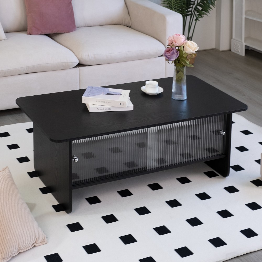 47 in rectangular modern coffee table with glass sliding door storage center