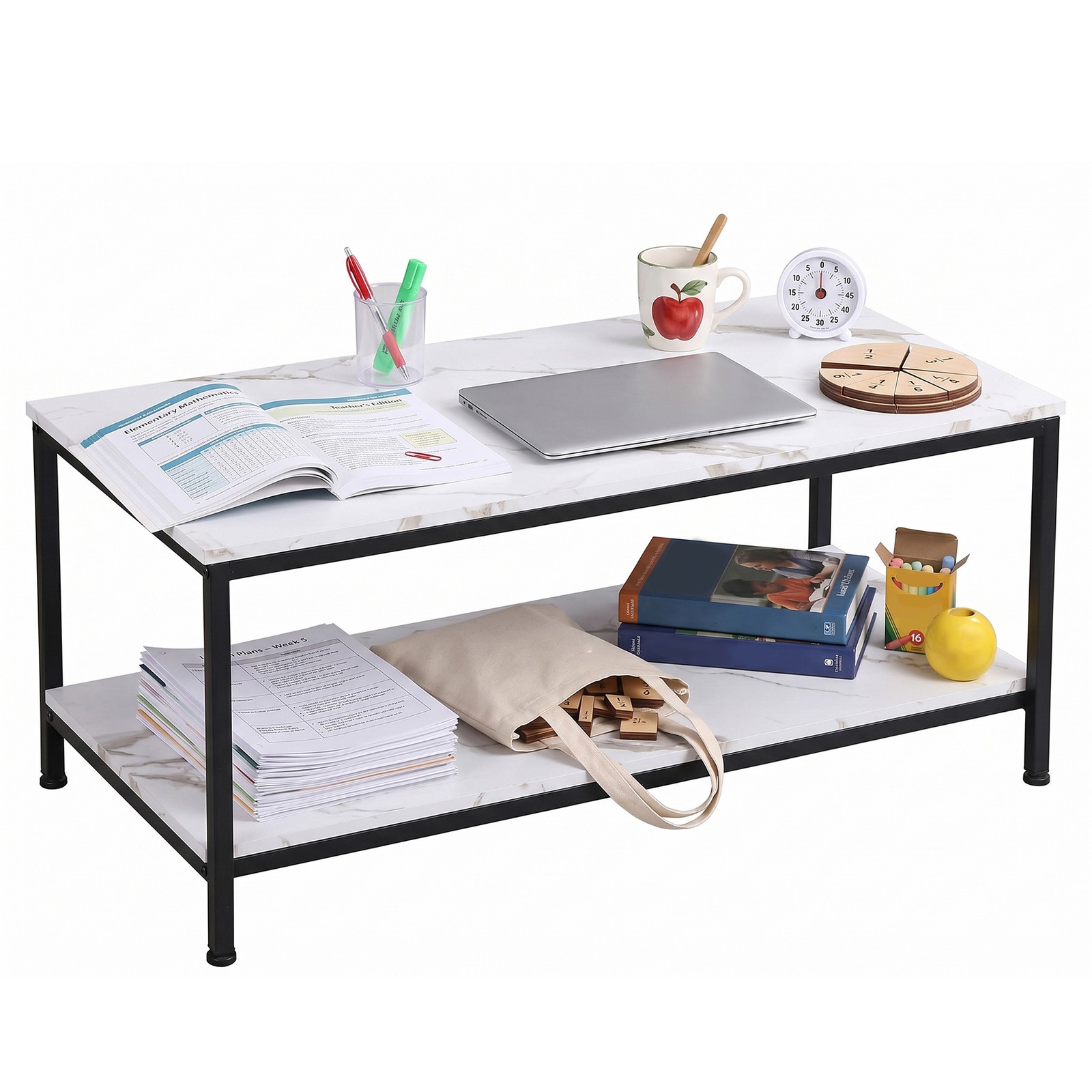 39″ Rectangular Coffee Table Industrial Wood Center Table w/ Storage Shelf White