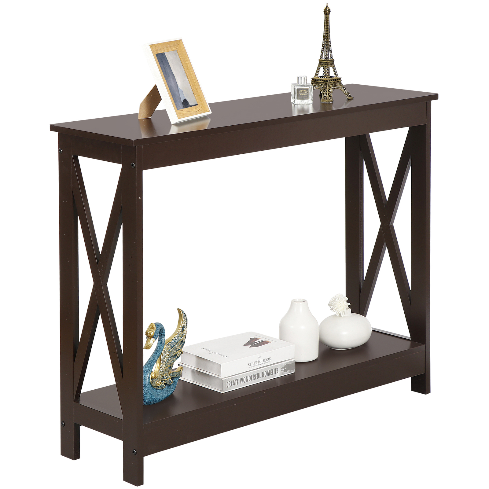 Console Table Entryway Table Narrow Sofa Side Table with 2-Tier Shelves Brown