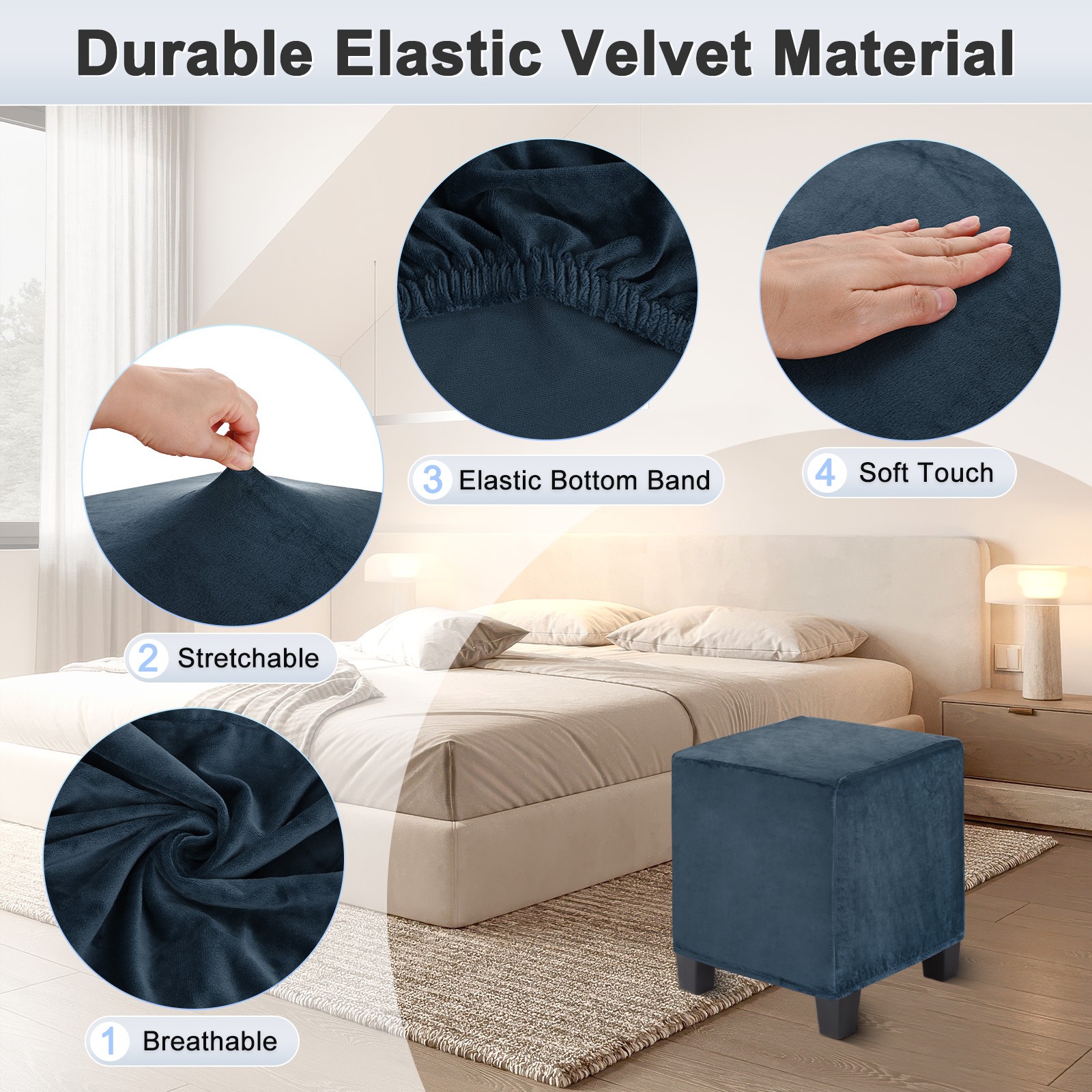 1-Pack 13″x13″x15″ Stretch Square Ottoman covers Footstool Protector Navy