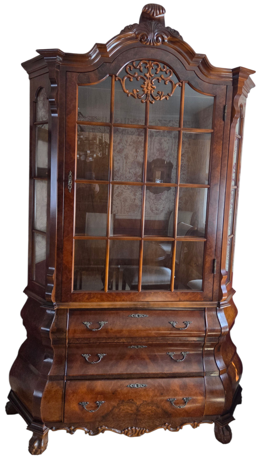 Antique Burlwood Walnut Dutch Bombe Display China Cabinet Hutch Curio Boroque