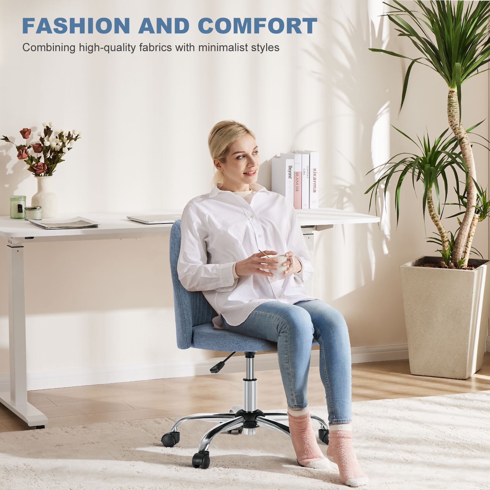 Office Chair Armless Chairs Cute Fabric Desk Adjustable Height Swivel Wheel