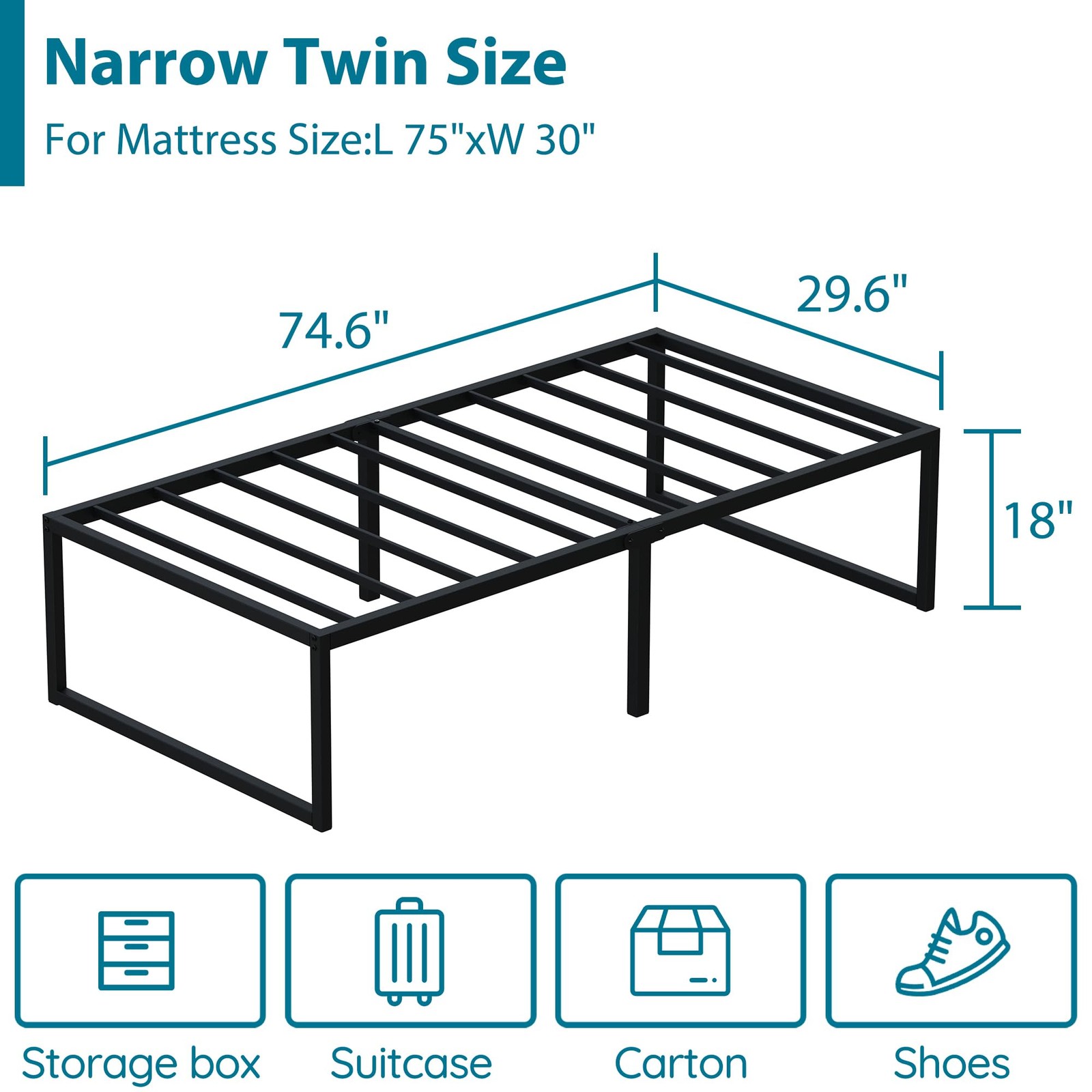 18 Inch Narrow Twin Bed Frame 30×75 Heavy Duty Metal Platform Black
