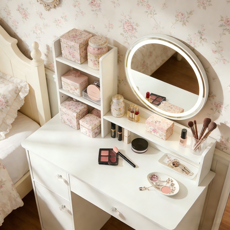 White Vanity Dressing Table With Mirror & Adjustable Lighting For Bedroom