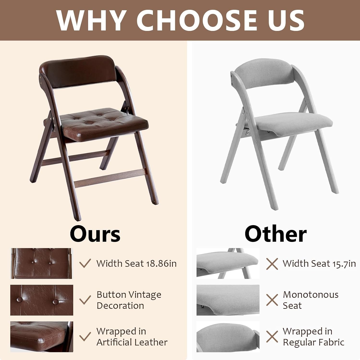 Wood Folding Chairs Set of 2, Upholstered Foldable Dining Chairs with Padded