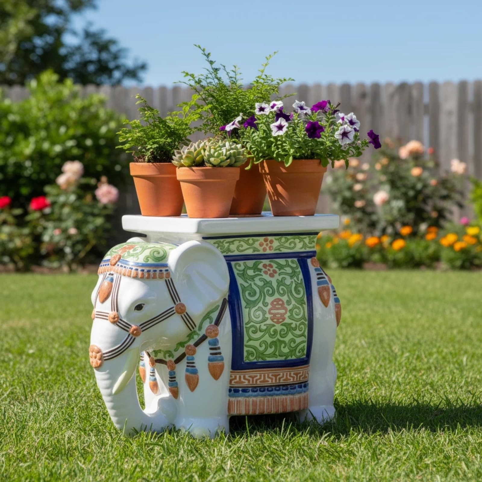 Elephant Garden Stool 16.5 Inch – Resin Elephant Side Table & Plant Stand, In…
