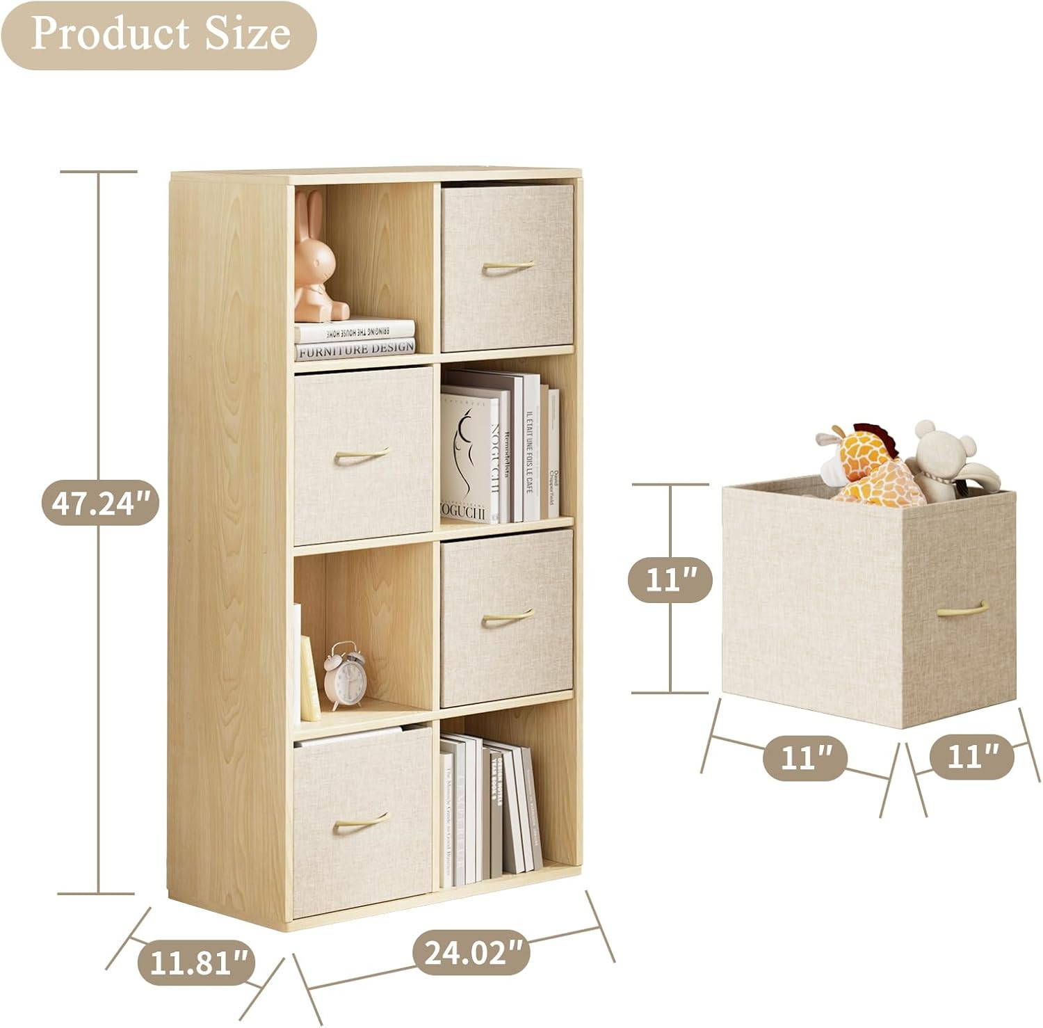8 Cube Storage Organizer – Solid Wood Bookshelf with 4 Storage Bins, Cube Shelf