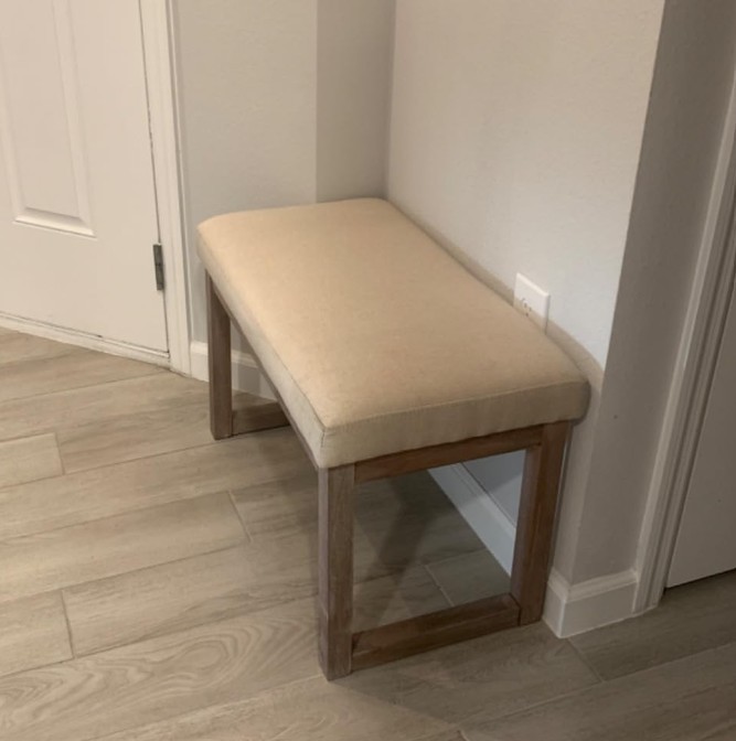 Small Cushioned Wood Ottoman Bench Beige Linen Foot Stool Gray Wood Frame Seat