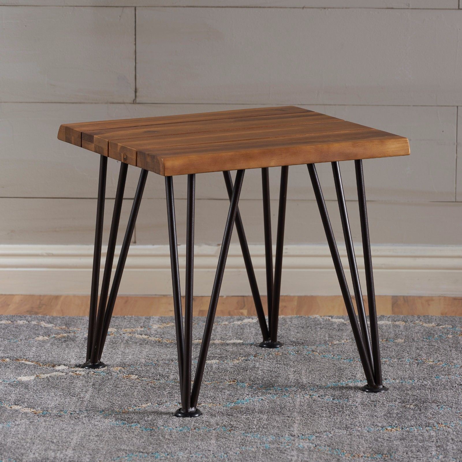Avy Outdoor Rustic Industrial Acacia Wood Accent Table with Metal Hairpin Legs,