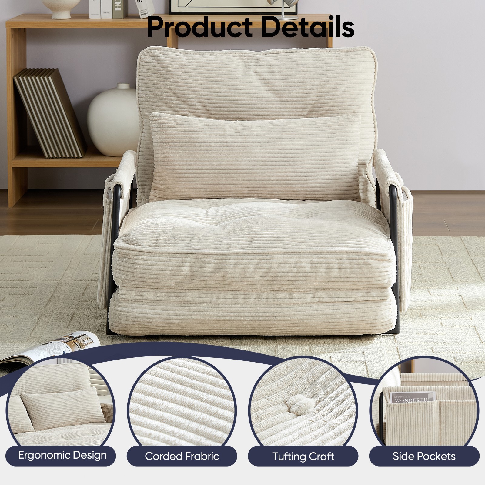 Zafly Sofa Bed Couch Sleeper Convertible Fold-Out Bed Couch With Side Pockets