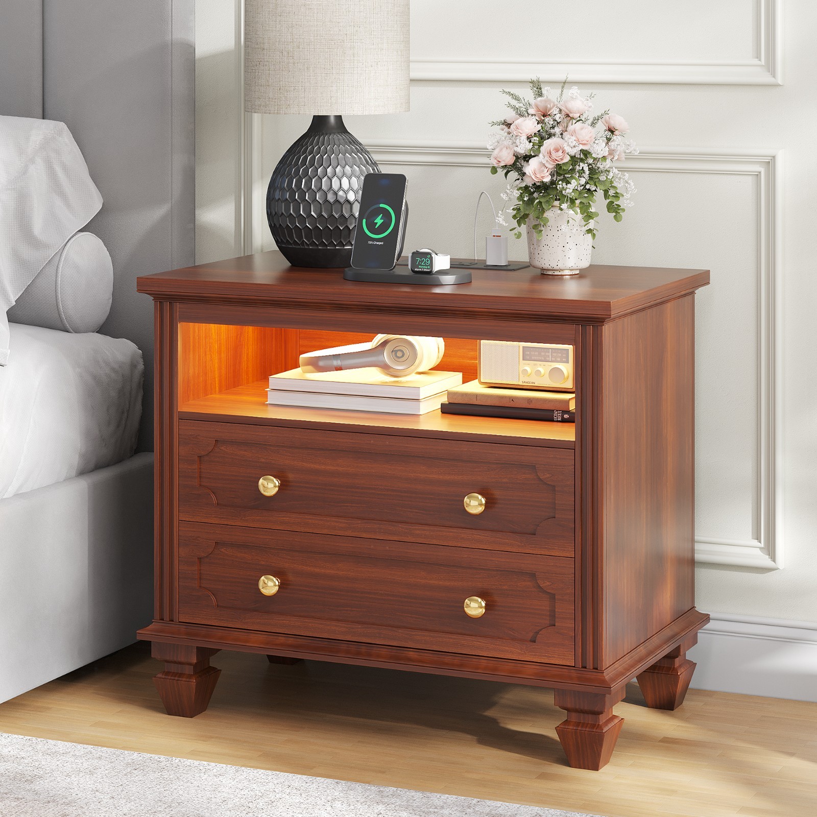 Farmhouse Nightstand with LED Lights Bedside Table with Outlet & Charger Station