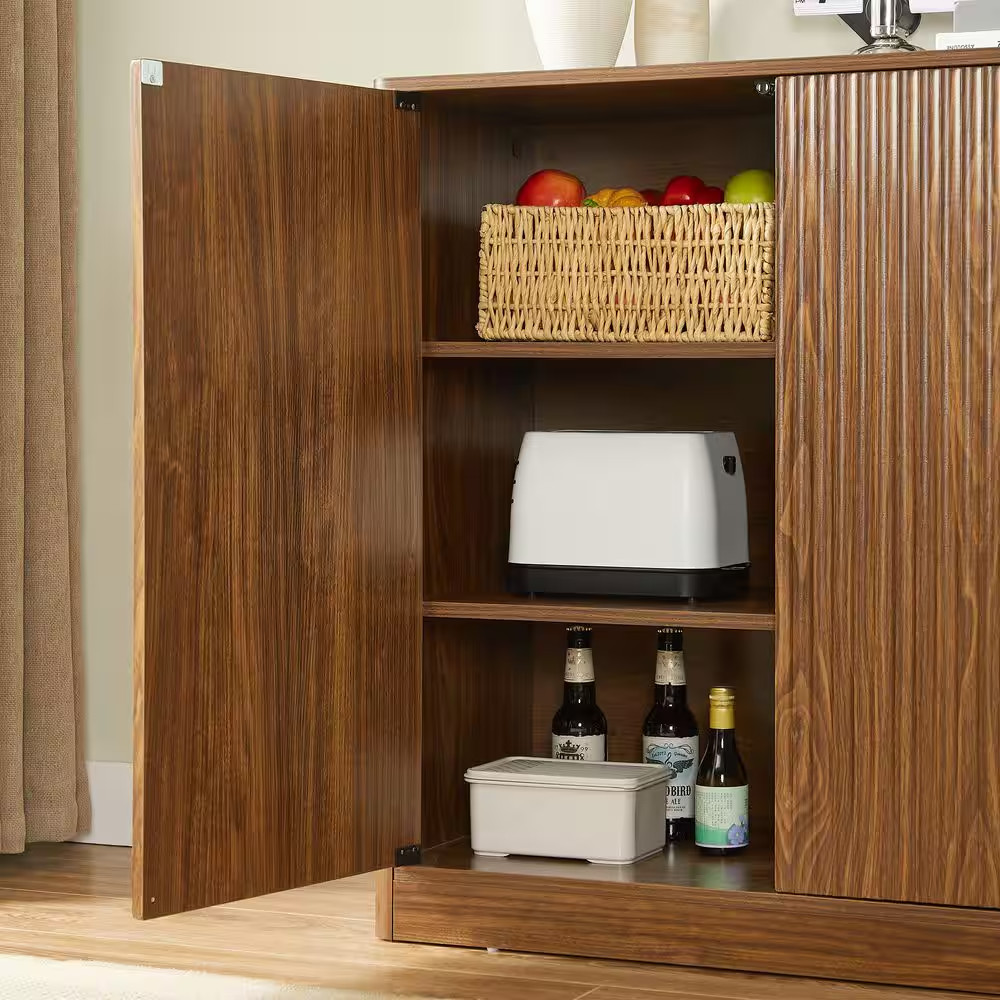 31.5 In. W X 34.3 In. H Walnut Color MDF Wavy Buffet, Curved Contour 2-Door Stor