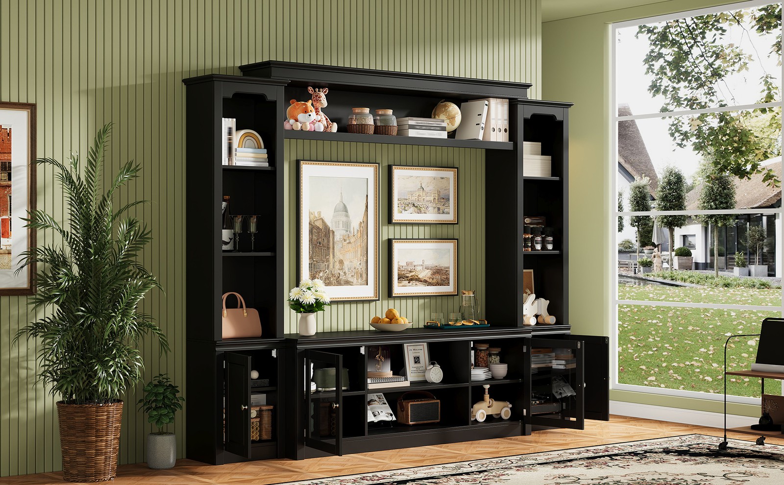 Modern TV Stand with Bookcase for TVs Up to 65″, 4 Shelves, Glass Doors