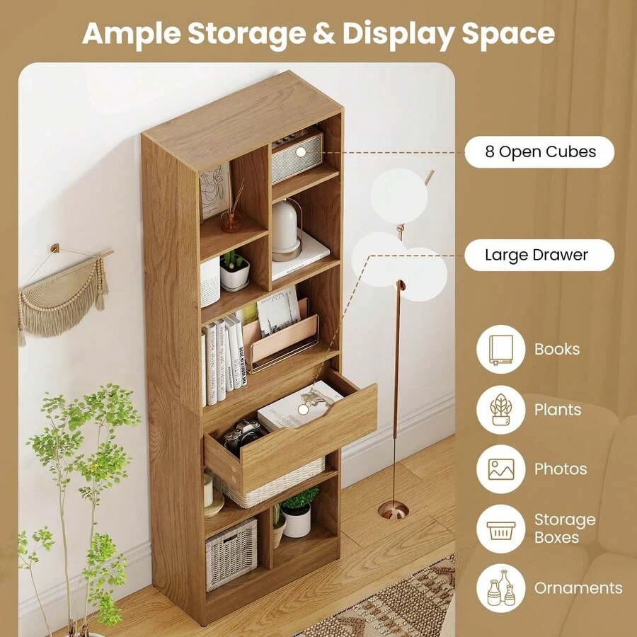 1 PCS 61″ Bookcase With Drawer, 8 Open Cubes, Anti-Toppling Kits For Living