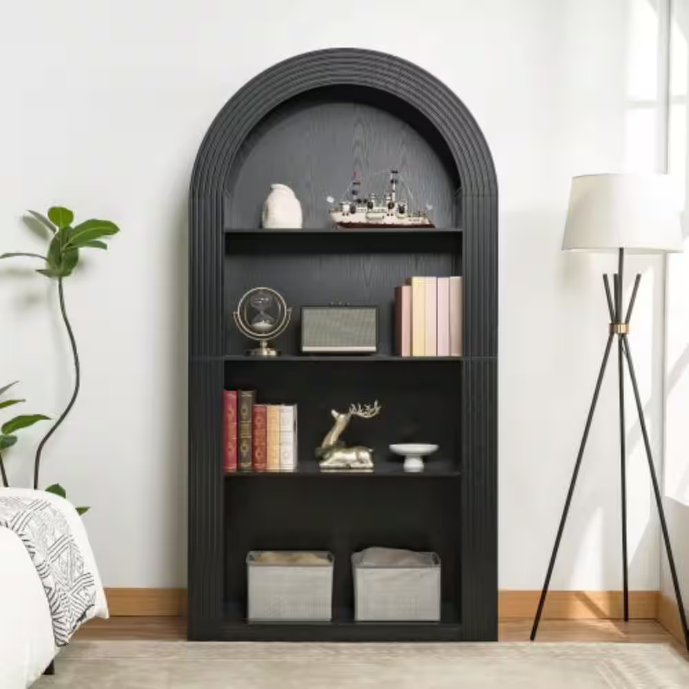 Ashbel Mid-Century Modern 78.74 In. Tall Black Wood 4-Shelf Arched Accent Bookca