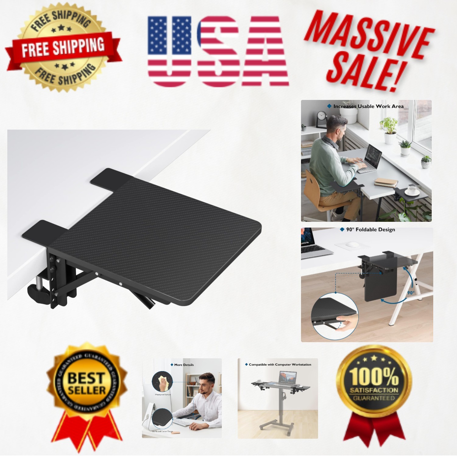 Sleek Black Ergonomic Arm Rest – 9.5″x9.1″ Desk Extender with Foldable Design