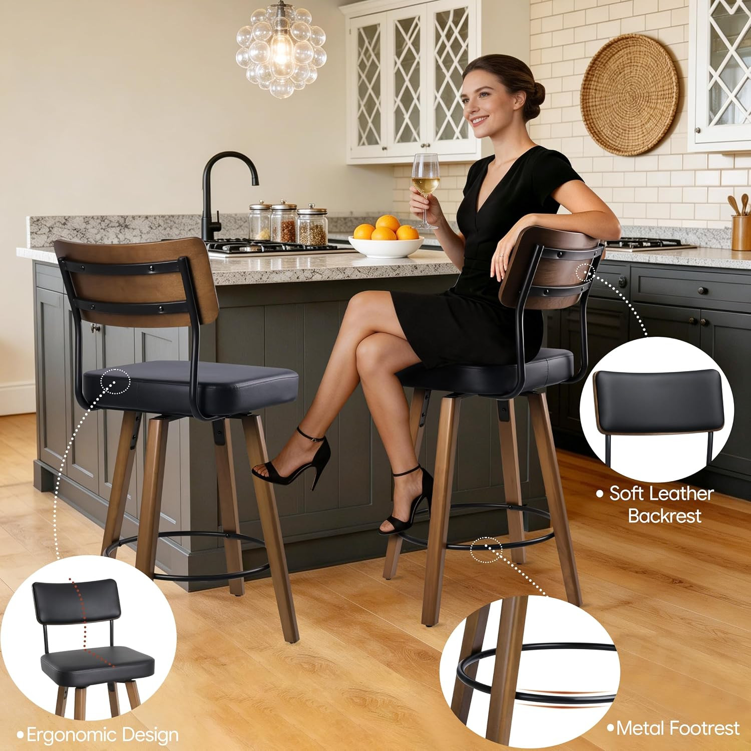 Modern 25″ Faux Leather Counter Height Bar Stools with Wooden Legs, Black