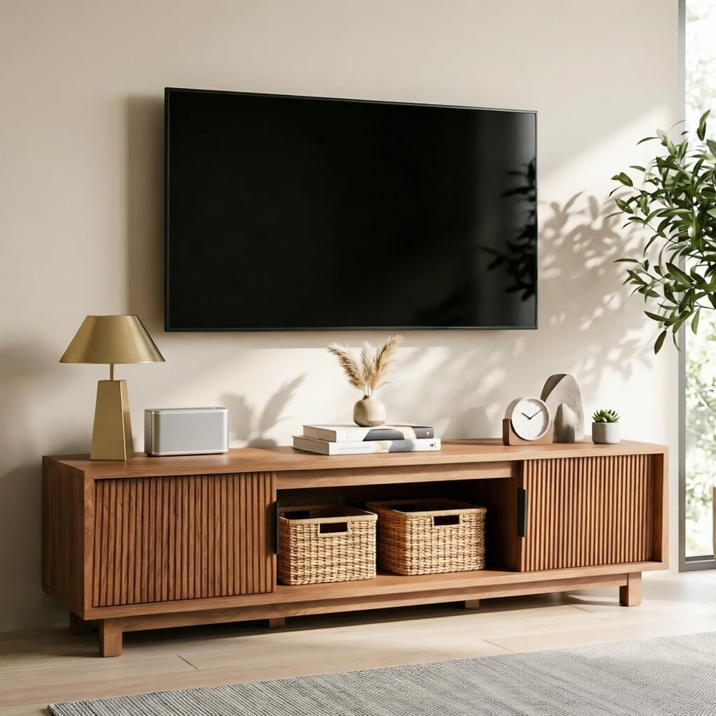 Mid Century Modern 70″ Fluted TV Stand with Storage for 65-80 Inch TVs