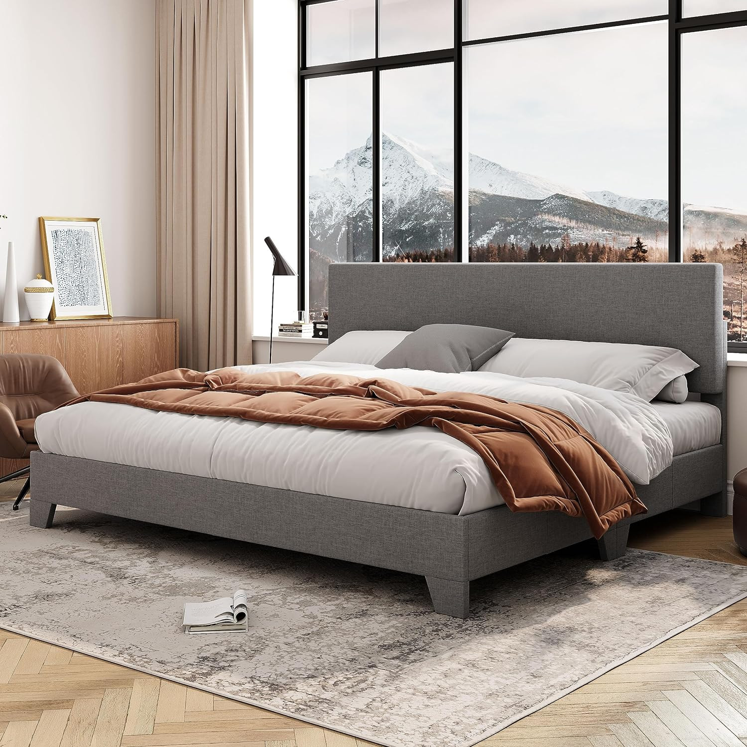 King Size Upholstered Bed Frame with Adjustable Headboard, Easy Assembly, Light