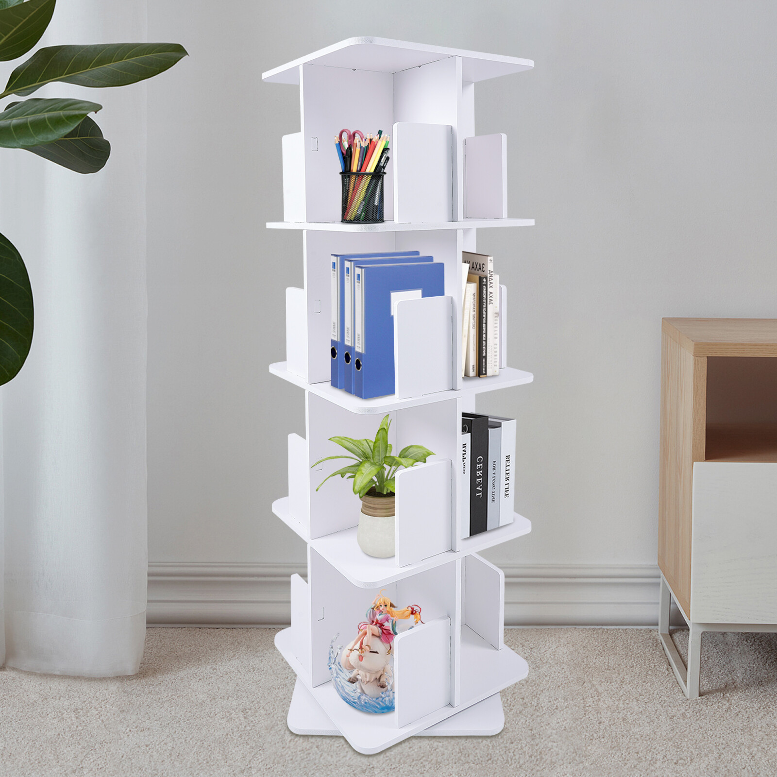 4 Tier 15.75*15.75*50.5in White PVC/Stainless Indoor 360° Rotating Bookshelf