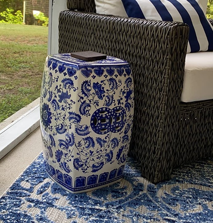 18 inch Chinoiserie Blue & White Ceramic Garden Stool Plant Stand Side End Table