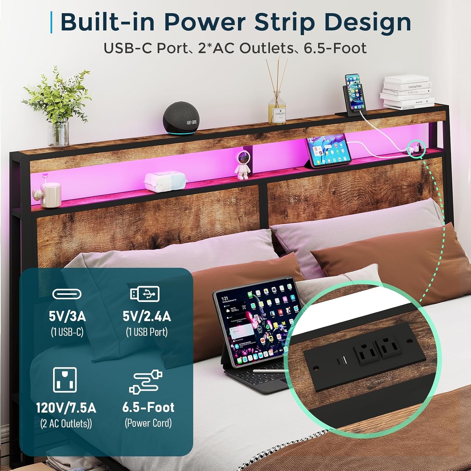 King Queen Full Metal Platform Bed Frame with LED Light, Charging ,4 Drawers