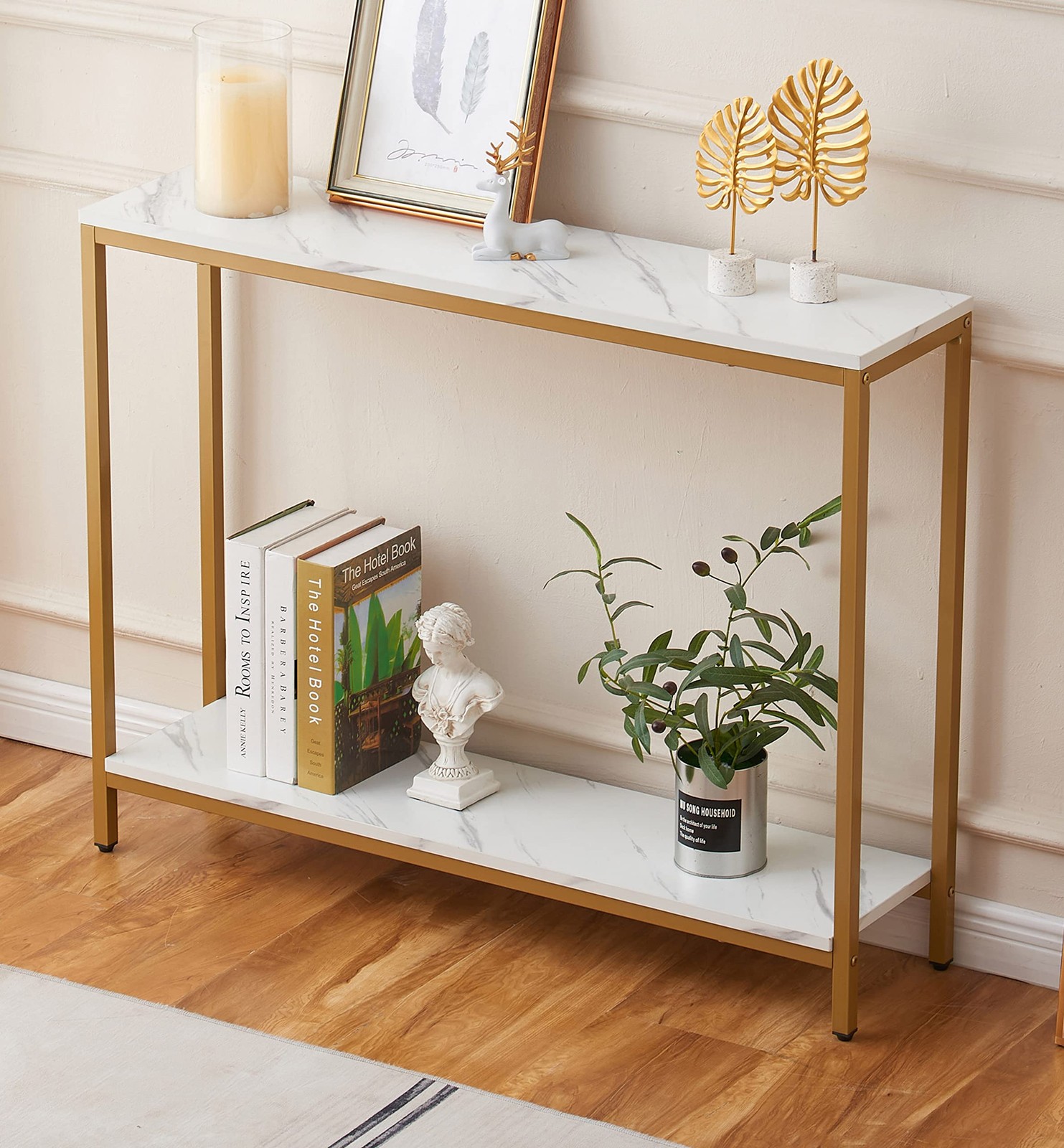 Console Table for Entryway, Faux Marble MDF Sofa Table with Golden Frame (Dou…