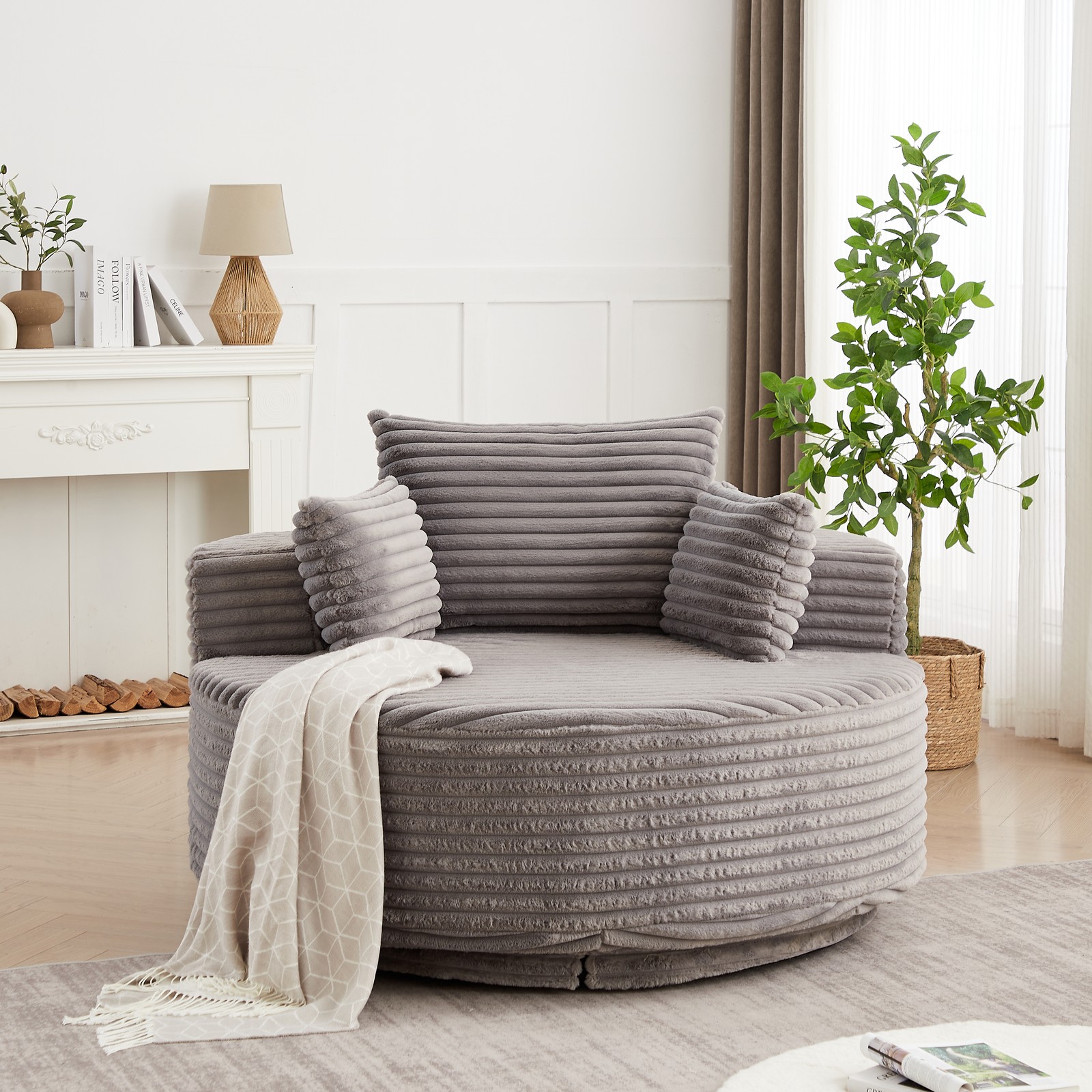 55”L Polyester Foam Single Chair,Fluffy Modern Sleeper 360 Degree Swivel Chair