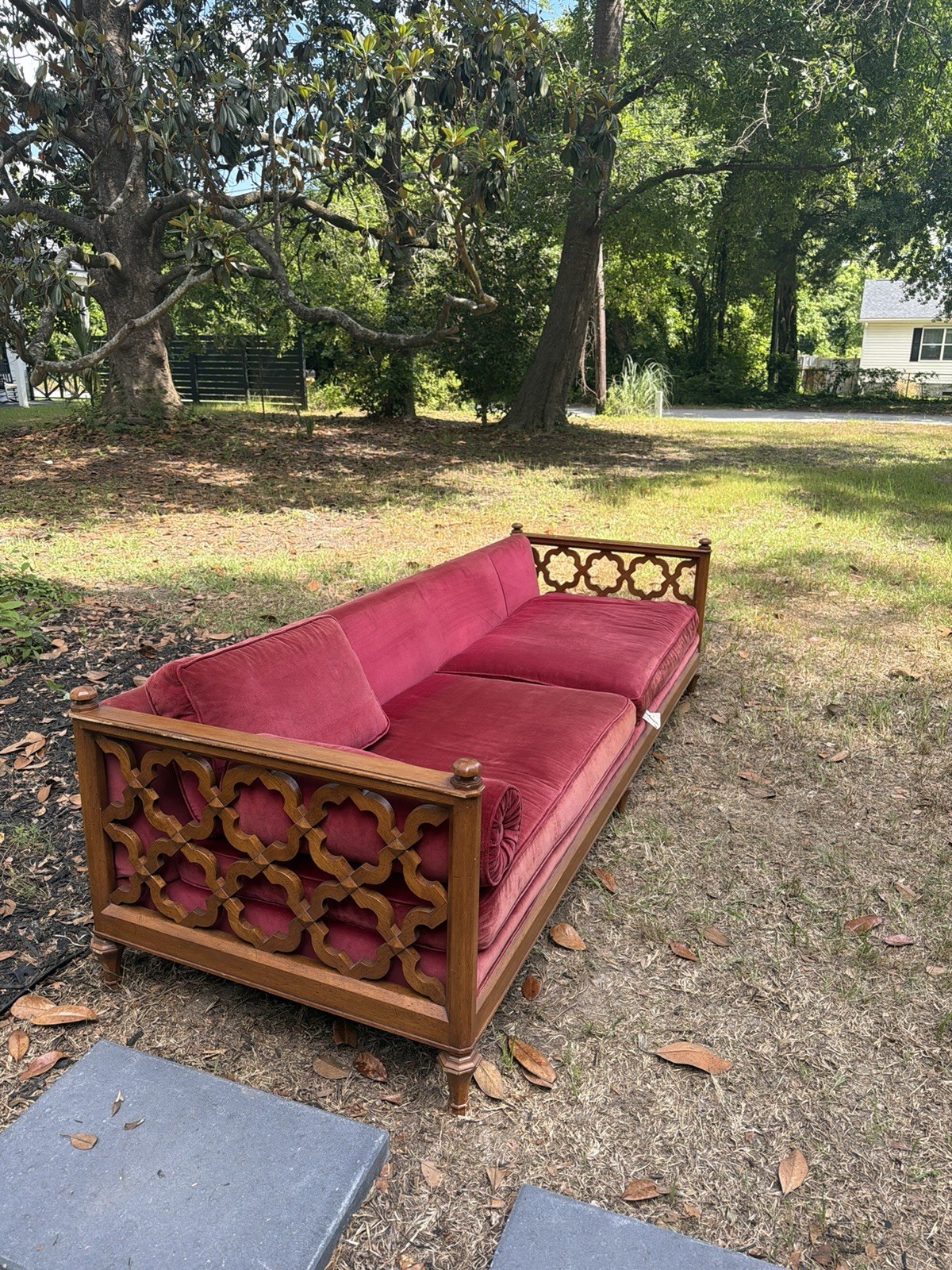 Henredon 1960s Red Velvet Sofa With Wood Frame 8ft x 35in x 25in Living Room