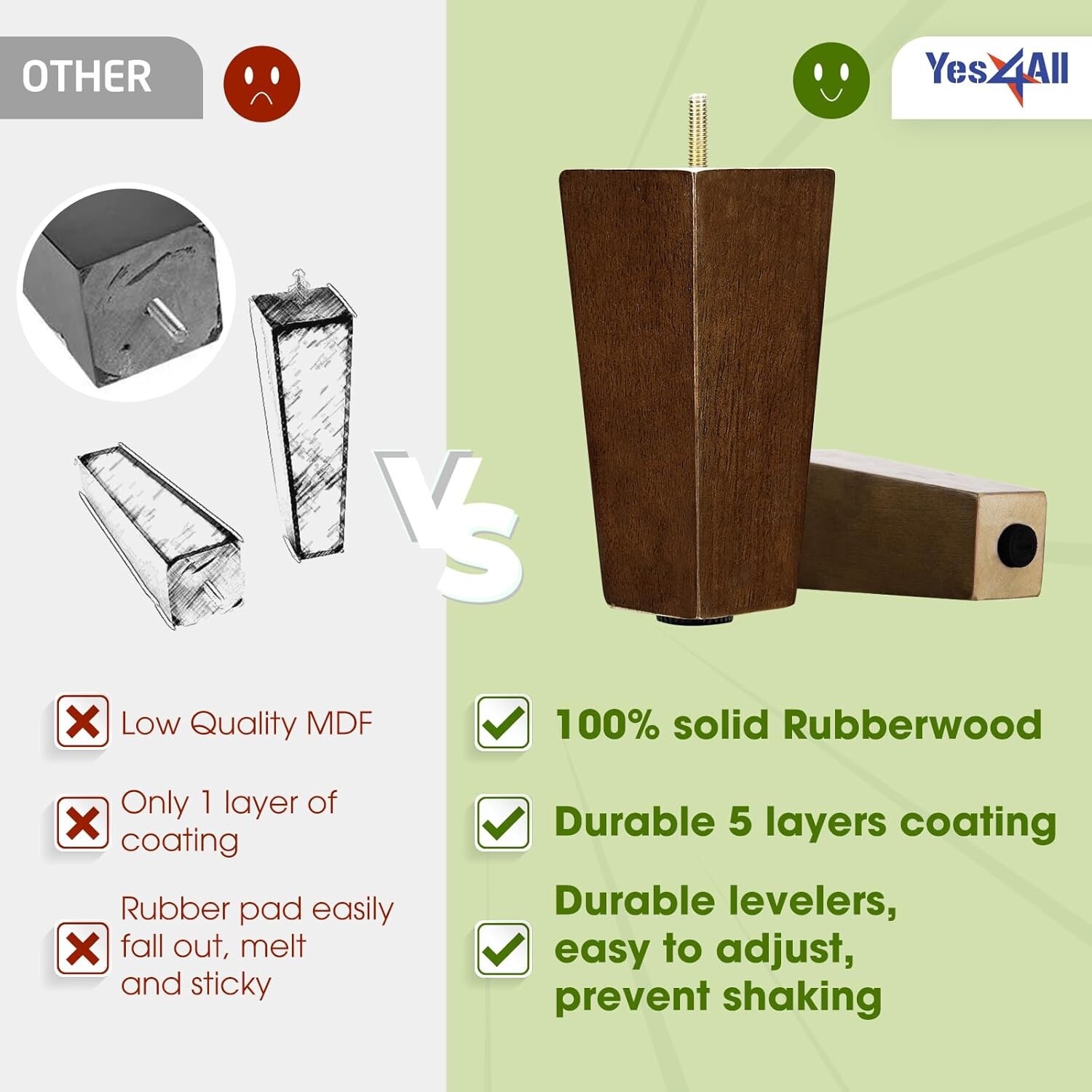 Yes4All 6″ Wood Furniture Legs, Set of 4 – Brown Replacement Feet w/Levelers
