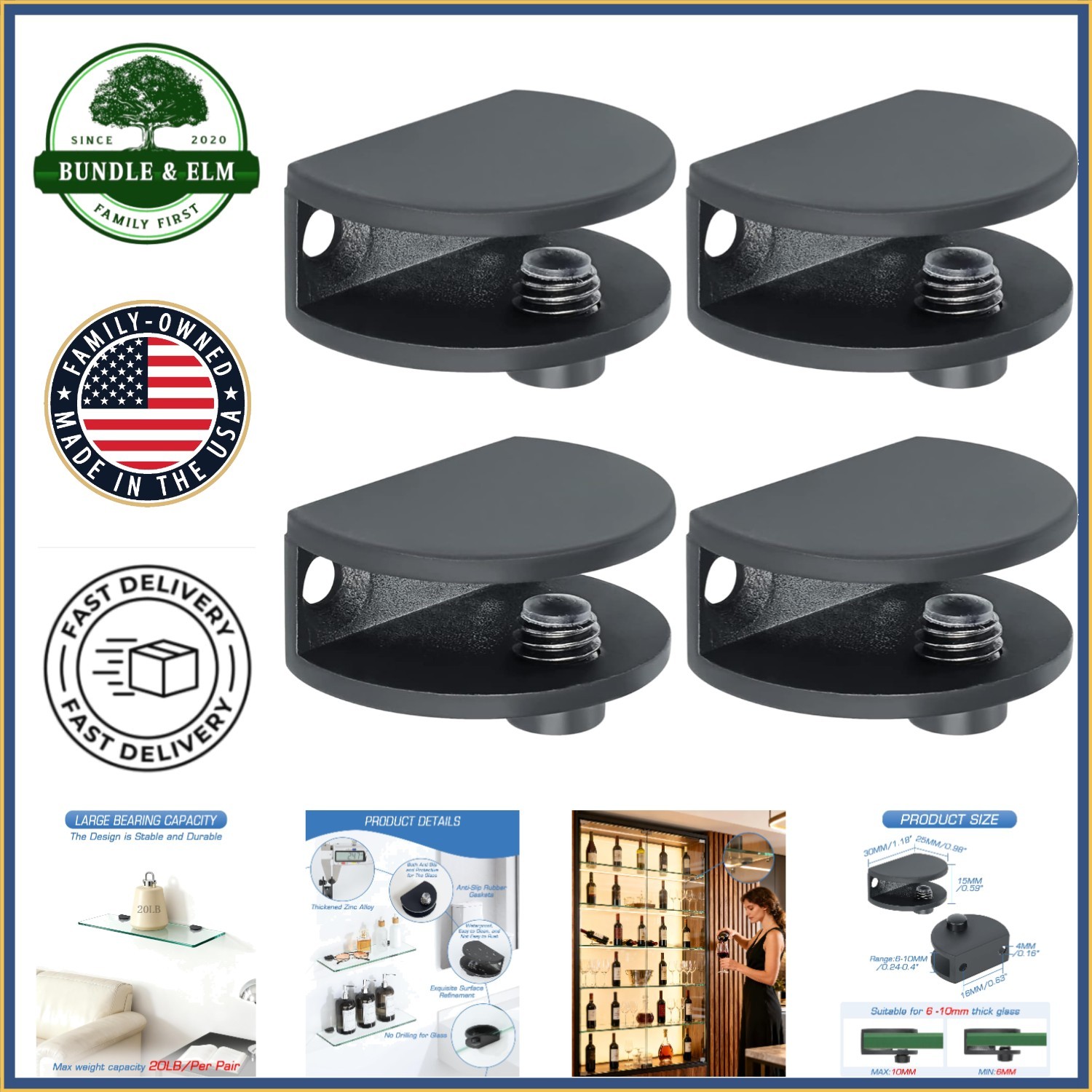 Metal Glass Shelf Bracket Set with Excellent Strength, Black Finish