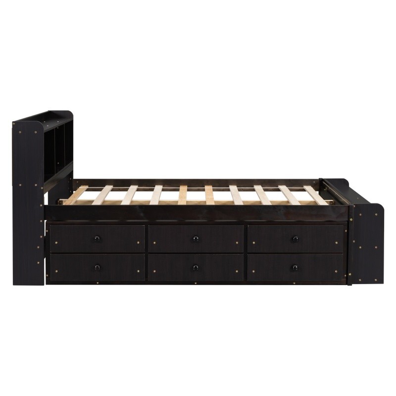 Full Size Wood Storage Bed w/Bookcase,6 Drawers & Bed End Storage Case Espresso