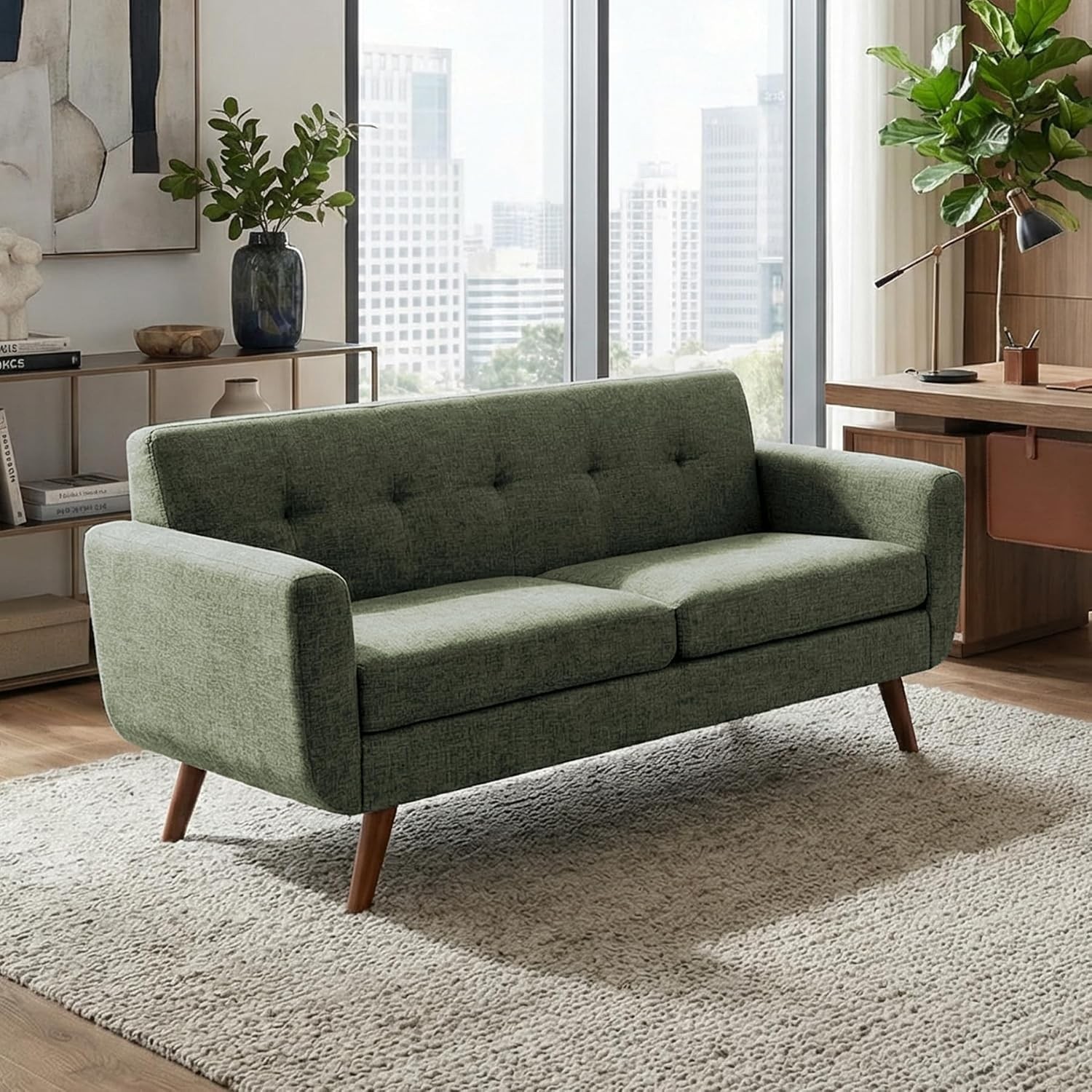 65 W Loveseat Sofa Mid Century Modern Button Tufted Upholstered Couch Green
