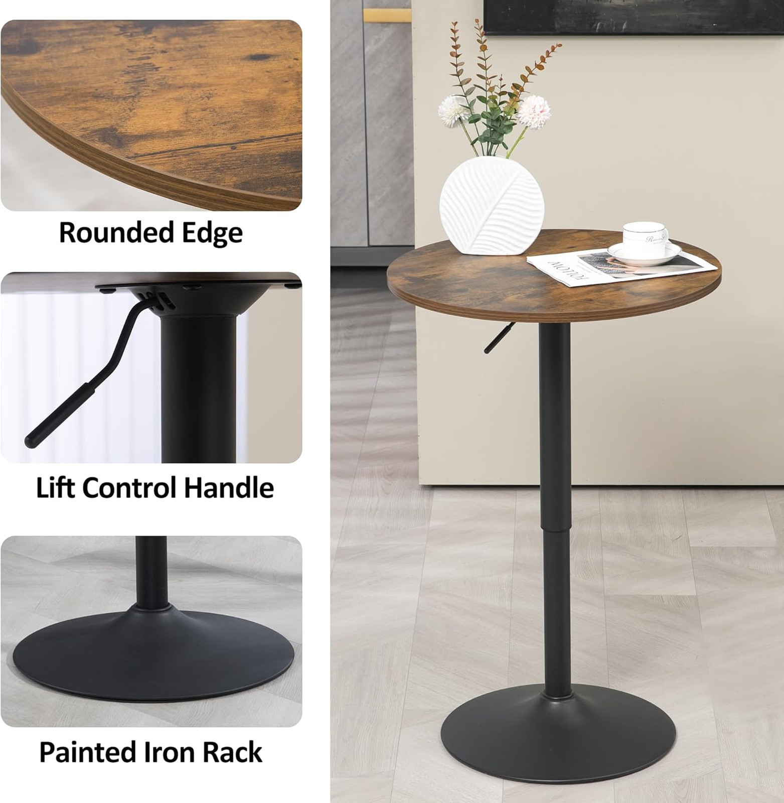 23.6 Inch Round Cocktail Bar Table with Metal Base Adjustable Height 27.9 to