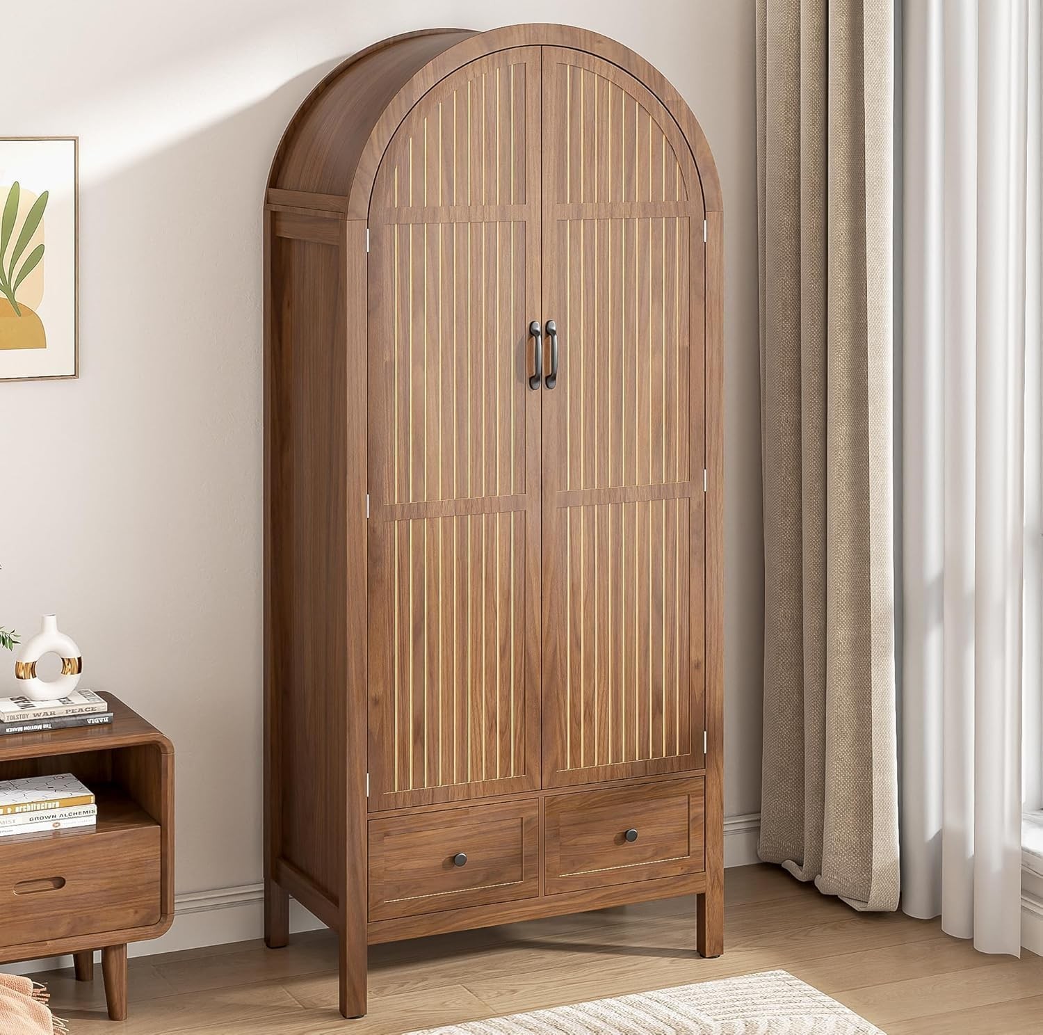 Wardrobe Closet, Armoire Wardrobe Closet with Drawers and 2 Arched Fluted Doors