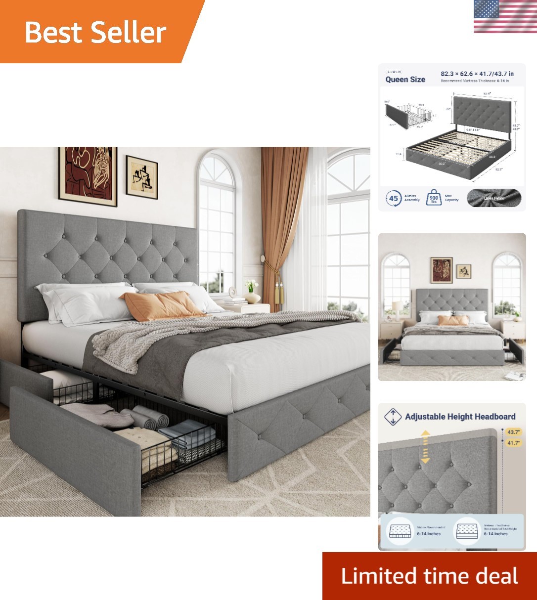 Upholstered Queen Size Platform Bed Frame with 4 Storage Drawers and Headboar…