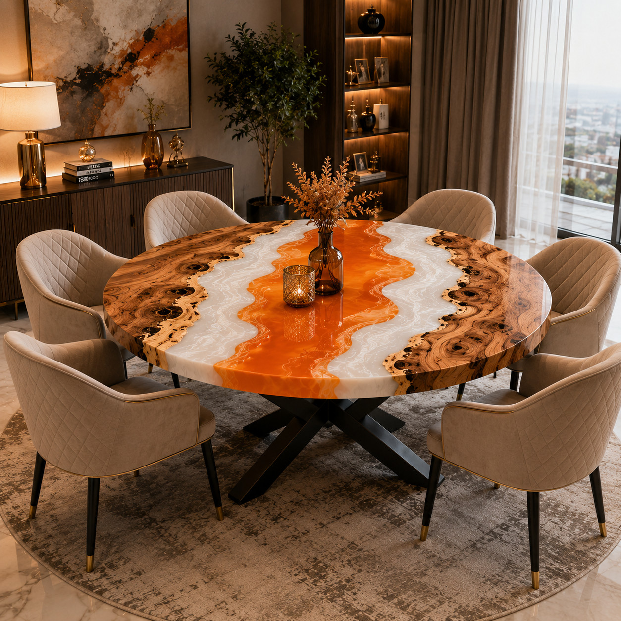 Handmade Live Edge Burl Wood Orange & White Epoxy River Round Dining Table 18X18