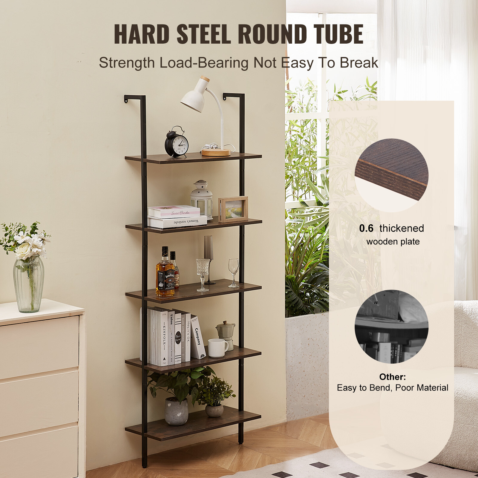 VEVOR Industrial Square Pipe Shelf 5 Tier 24×11.8in Wall-Mount for Bedroom