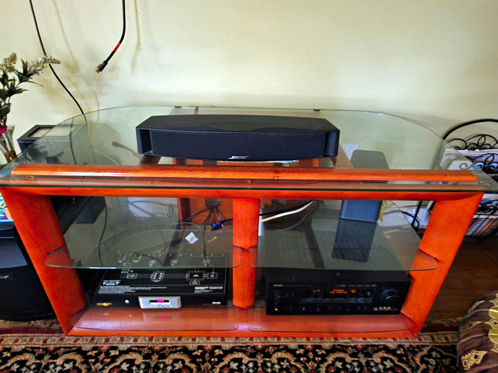 Freestanding Wood & Glass TV Stand with Clear Open Storage Shelves, Brown