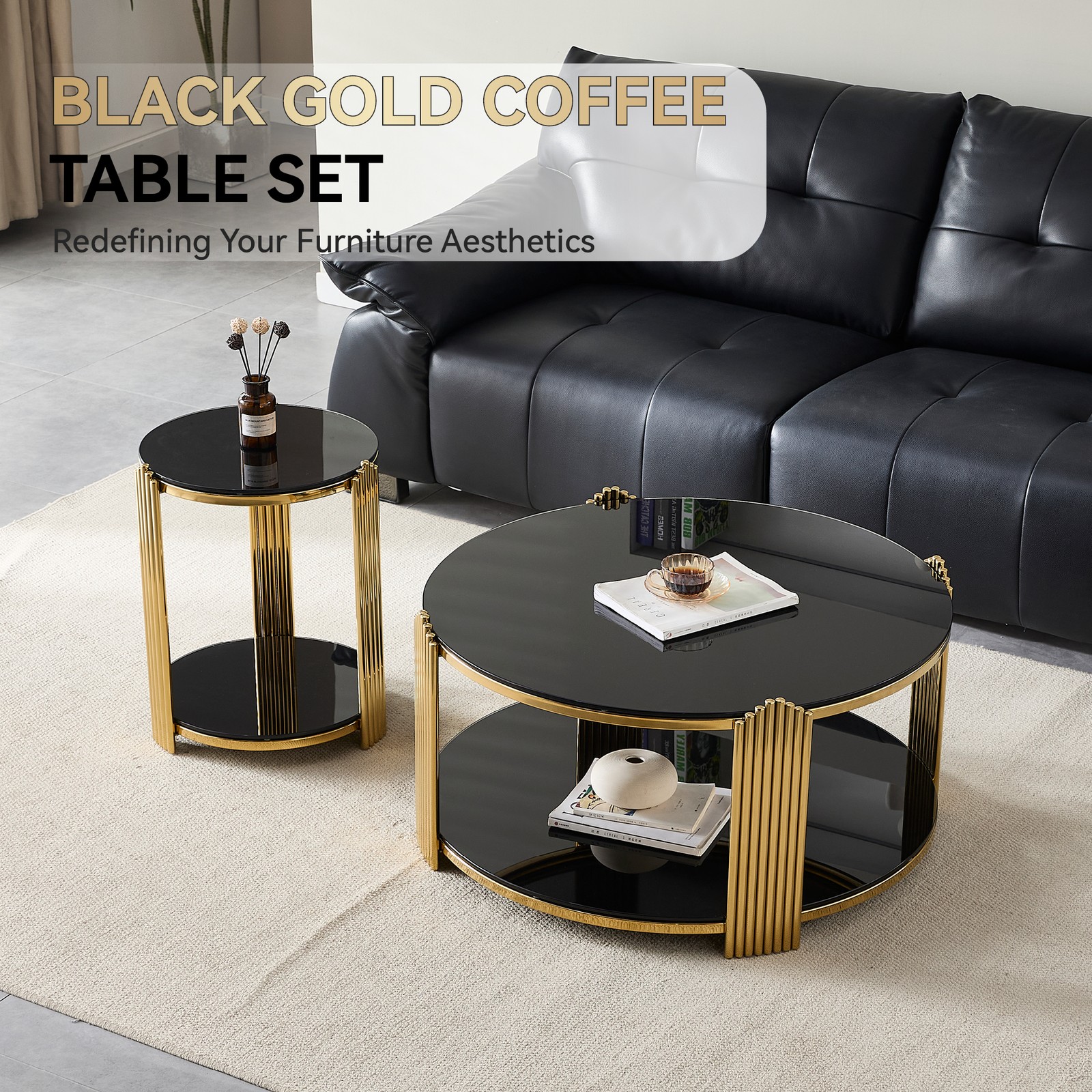 16.9in Round End SideTable Double-Layer Black Glass Gold Stainless Steel Frame