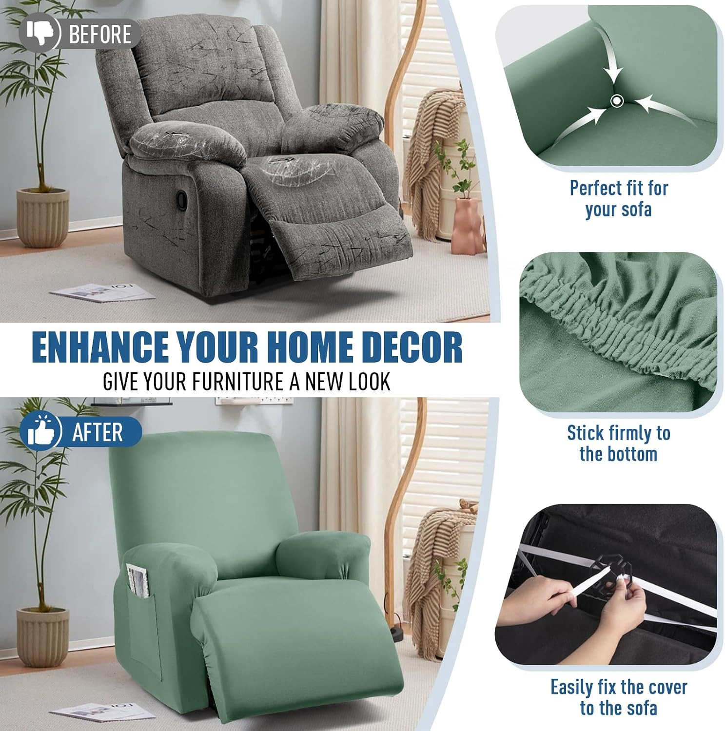 TAOCOCO Recliner Chair Covers Stretch Polyester Fabric 3-Piece for Large Recline