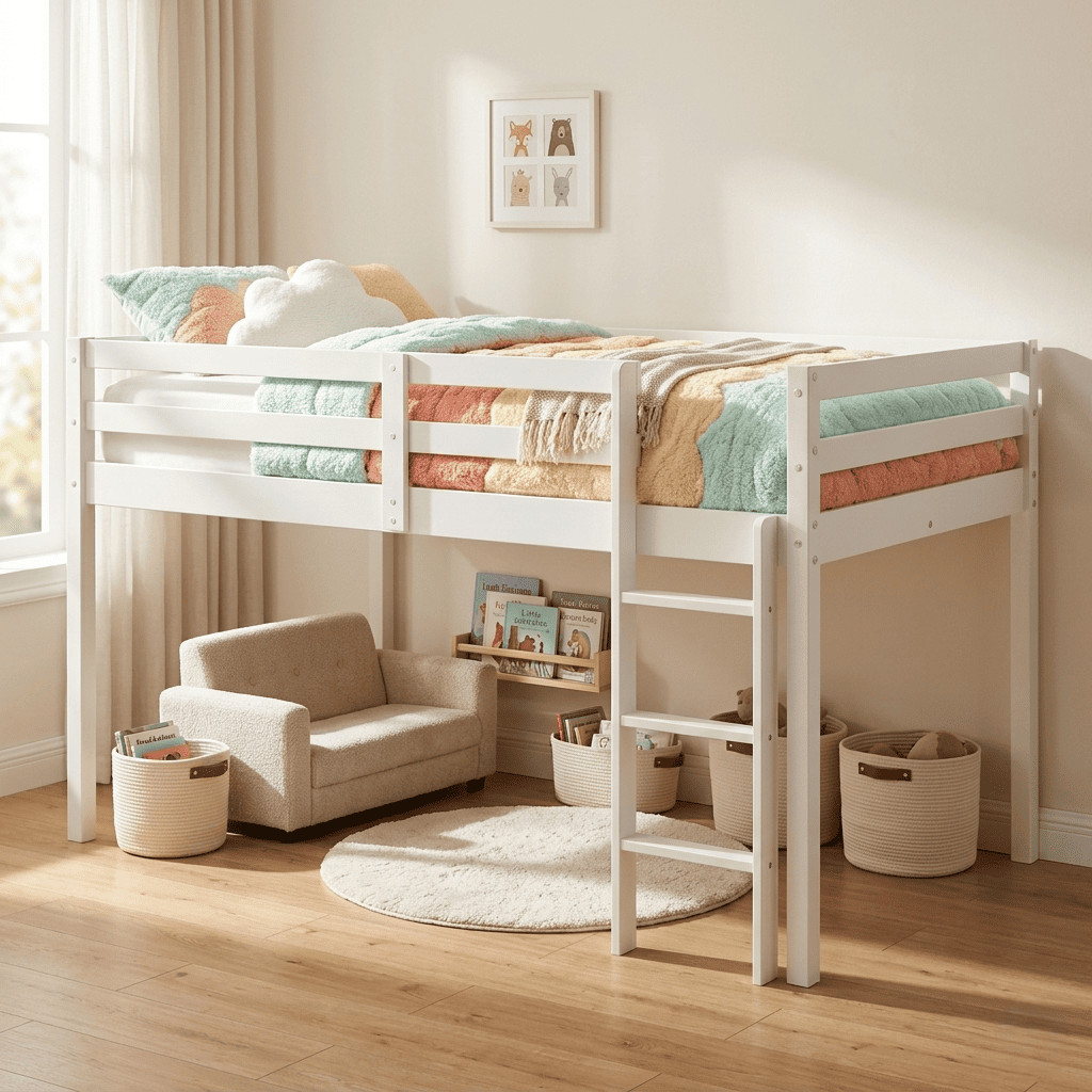 Twin Low Loft Bed White Wooden Kids Bunk Beds w/ Ladder Space Saving Frame Slats