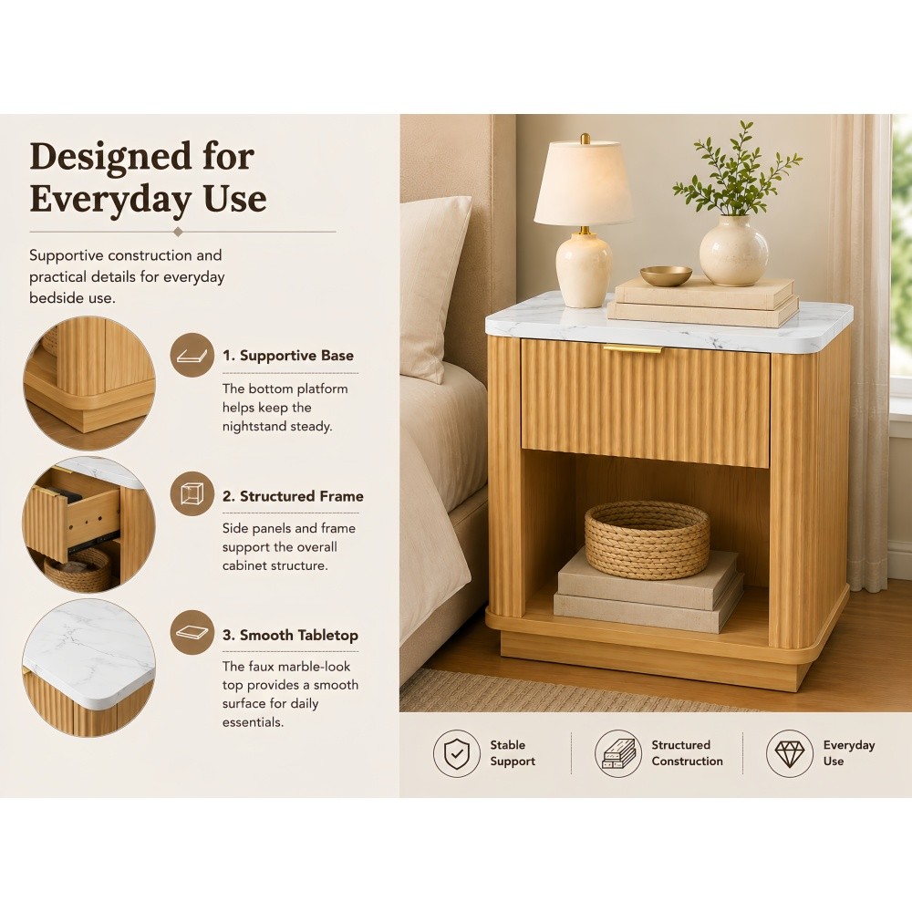 Natural Wood Finish Fluted Nightstand with Storage Drawer and Open Shelf