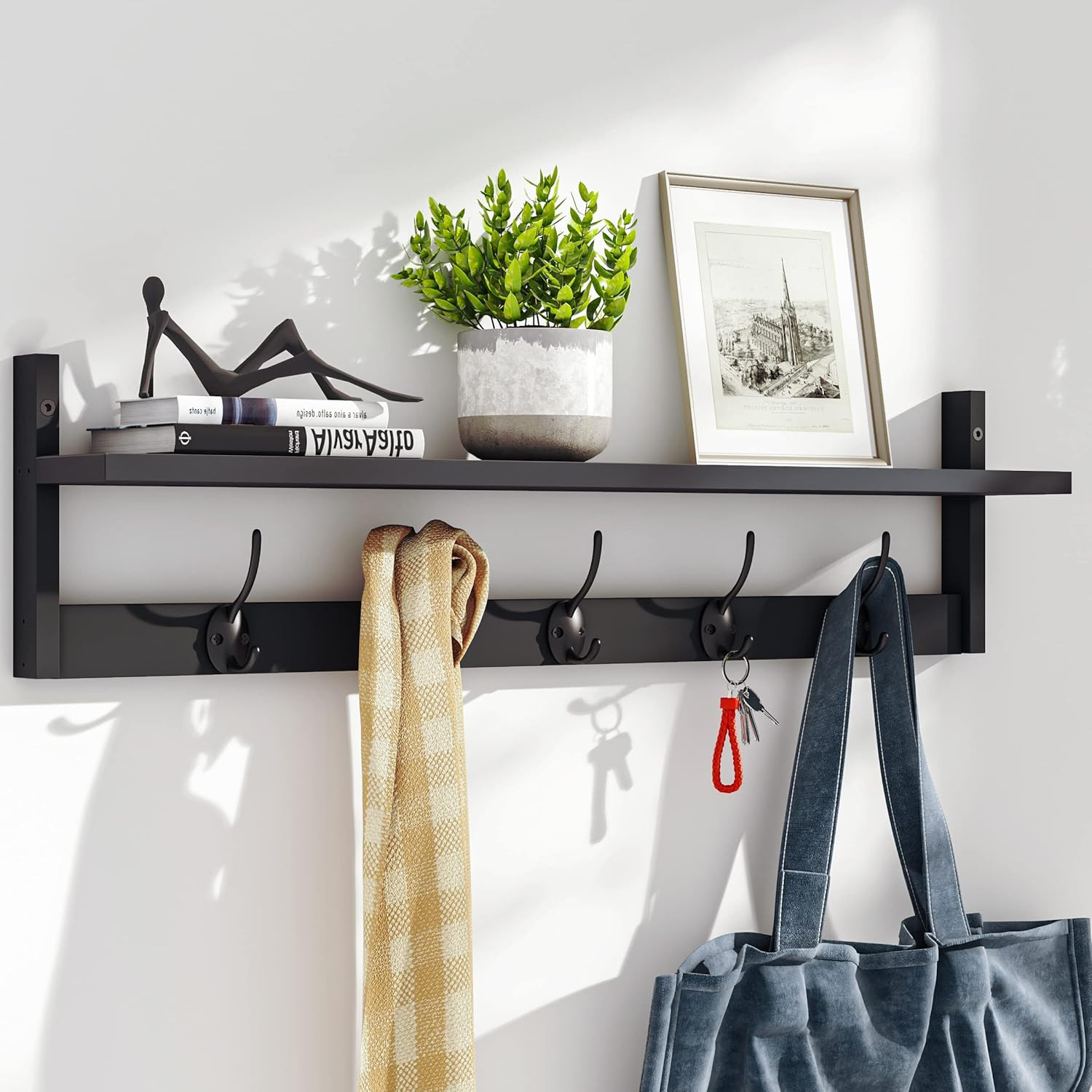 Wall-Mounted Shelf with Hooks – 28.9 Inch Entryway Hanging Shelf with 5 Dual Hoo