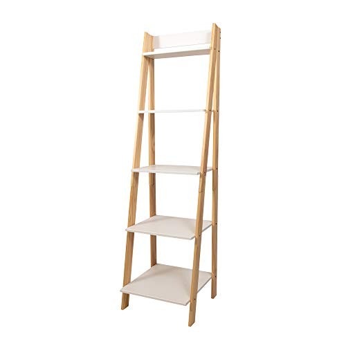 95083 ADEPTUS SOLID PINE WOOD 5 SHELF LADDER BOOKSHELF – WHITE NATURAL