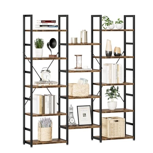 Triple Column 5 Tier Bookshelf, Bookcase with 14 5 Tier(Regular) Vintage Brown